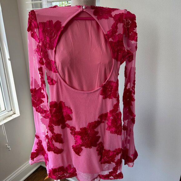 NWT Women's Commense Romance Jacquard Floral Backless Mesh Dress Pink Size Small - Picture 6 of 6